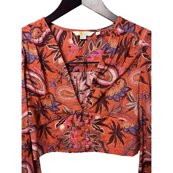Womens SZ 4 Bohemian Long Sleeve Cropped Blouse Button Front & Elastic Back - Picture 3 of 9